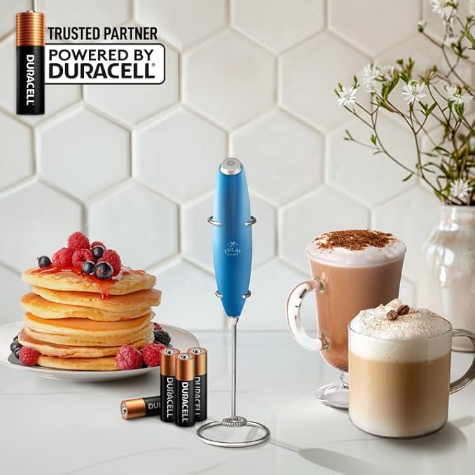 Zulay Powerful Milk Frother (4 Duracell Batteries Included) - Handheld Milk Frother Wand Drink Mixer for Coffee - Powerful Milk Foamer for Cappuccino, Frappe, Matcha & Coffee Creamer - Metallic Blue