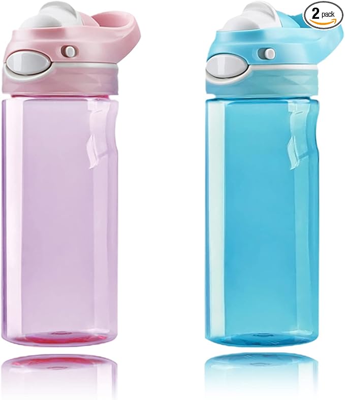 DEARART 2-Pack Pink & Sky Blue Water Bottles, 20oz Capacity Clear Bottles with Handle, 100% Leakproof Auto Spout No Straw, Suit Office Work Travel School Gym etc.