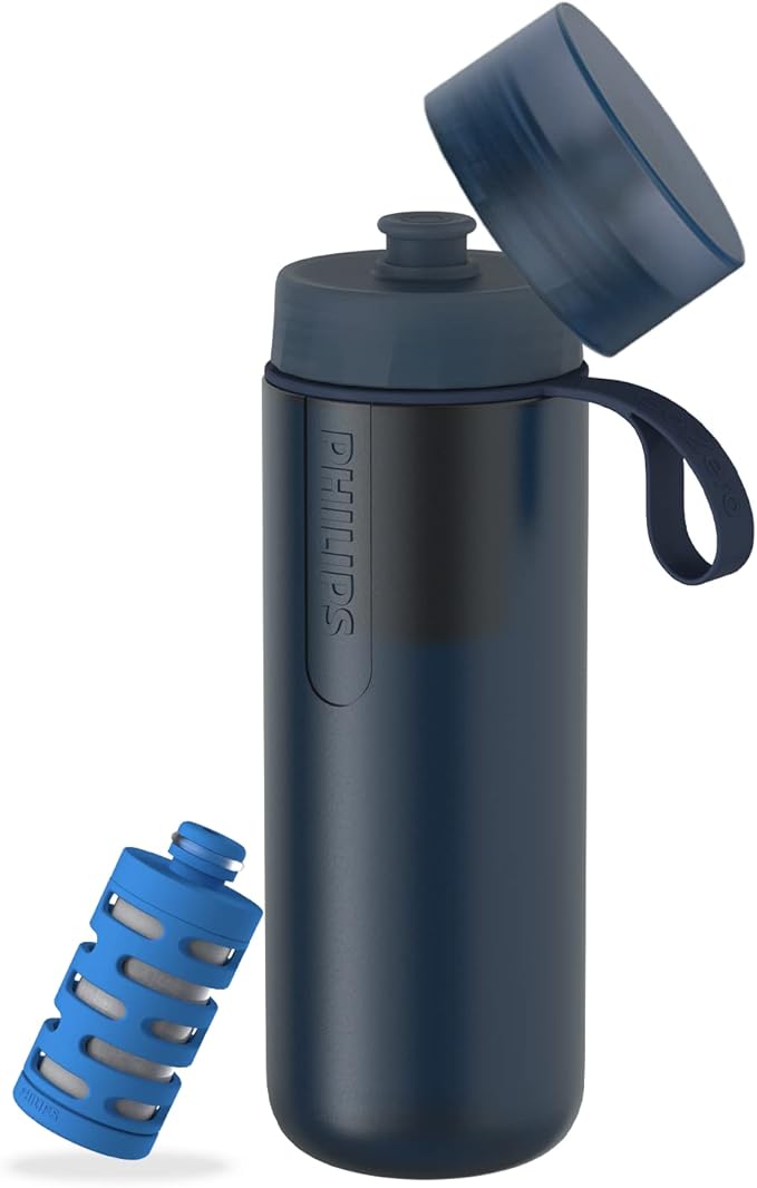 Philips Water GoZero Active BPA-Free Water Bottle with Fitness Tap Water Filter, Sport Squeeze Water Bottle, Lightweight, 24 oz with Fitness Filter, Blue