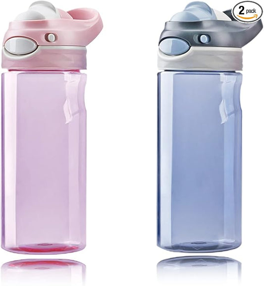 DEARART 2-Pack Pink Water Bottle and Grey Water Bottle, 20oz Capacity Clear Bottles with Handle, 100% Leakproof Auto Spout No Straw, Lock Button Flip Up lid, Suit Office Work Travel School Gym etc.