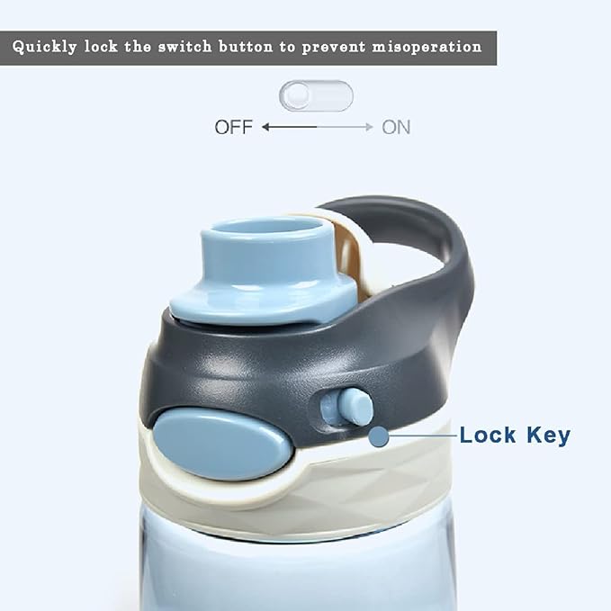 DEARART 2-Pack Blue and Grey Water Bottles No Straw, 100% Leakproof Lockable Button Flip Up Lid Clear Bottle, Has Handle Easy Carry for Sport Office School, 20oz.