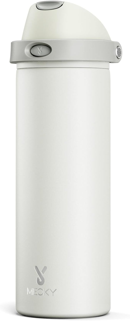 24 oz Insulated Water Bottle with Straw: Meoky Stainless Steel Metal Water Bottle with 2-in-1 Lid - Leak Proof, Cold for 24 Hours, Protective Silicone Base, BPA-Free for Sports Travel Car, Ivory