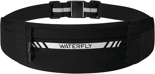 WATERFLY Running Belt Fanny Pack: Slim Breathable 4 Pocket Waist Bag for Men Women Sport Workout Exercise Fitness Phone Holder - Runner Marathon Jogging Waistband Fits ALL Phones Black