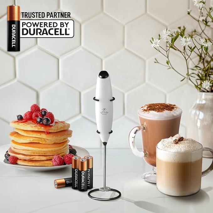 Zulay Powerful Milk Frother (4 Duracell Batteries Included) - Handheld Milk Frother Wand Drink Mixer for Coffee - Powerful Milk Foamer for Cappuccino, Frappe, Matcha & Coffee Creamer - White & Black