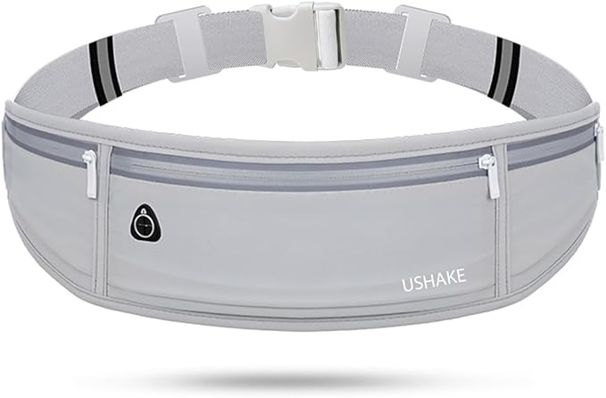 USHAKE Slim Running Belt, Workout Fanny Pack for Men Women,Exercise Waist Pack for Apple iPhone Holder, Runner Belt for Running Walking Cycling Camping Gym Light Grey