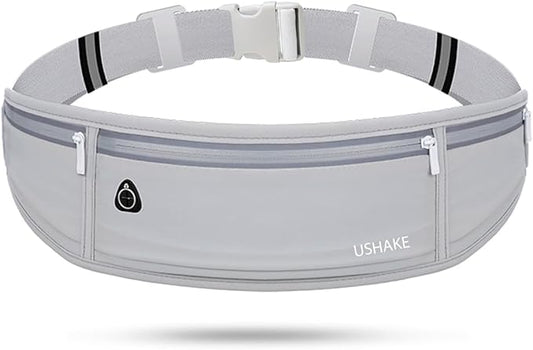 USHAKE Slim Running Belt, Workout Fanny Pack for Men Women,Exercise Waist Pack for Apple iPhone Holder, Runner Belt for Running Walking Cycling Camping Gym Light Grey