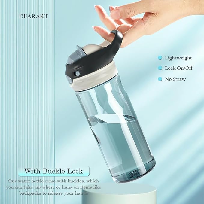 DEARART 20oz Grey Water Bottle Small Clear Bottles, 100% Leakproof Wide Mouth Easy Clean, No Straw Has Handle Carry Easily, Suit Sports School Office Yoga Gym Home etc.