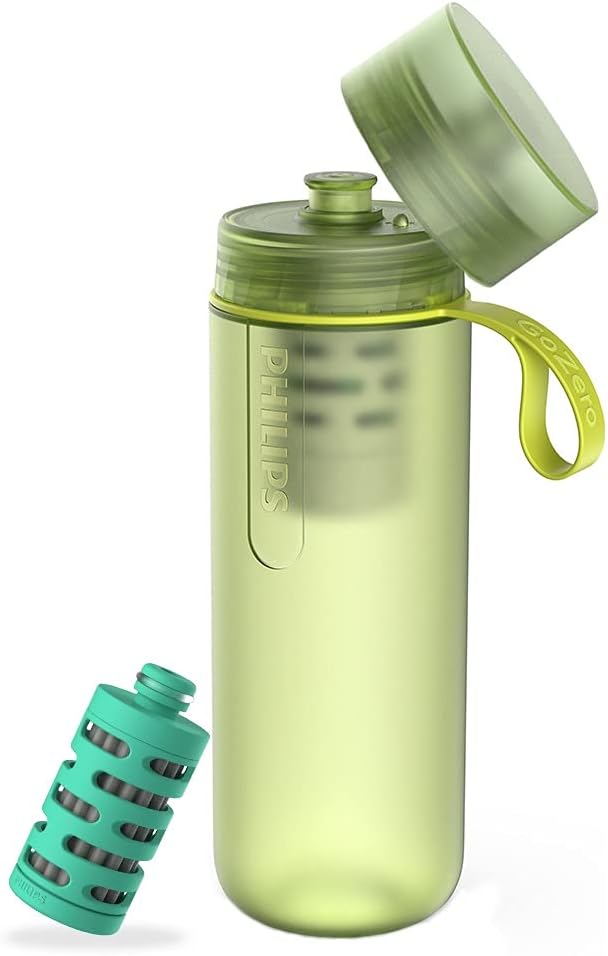 PHILIPS Water GoZero Active BPA-Free Water Bottle with River/Lake/Spring Water Filter for Hiking Camping, Sport Squeeze Water Bottle, Lightweight, Blue, 20 oz with Adventure Filter, Green