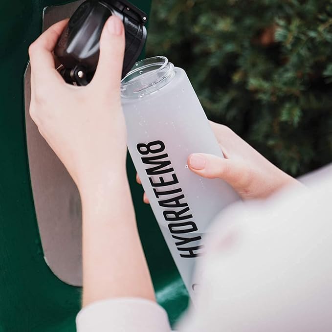 HYDRATEM8 - Active Motivational Sports Water Bottle with Time Markings, BPA Free, Drinks Bottle, 32oz - Frosted
