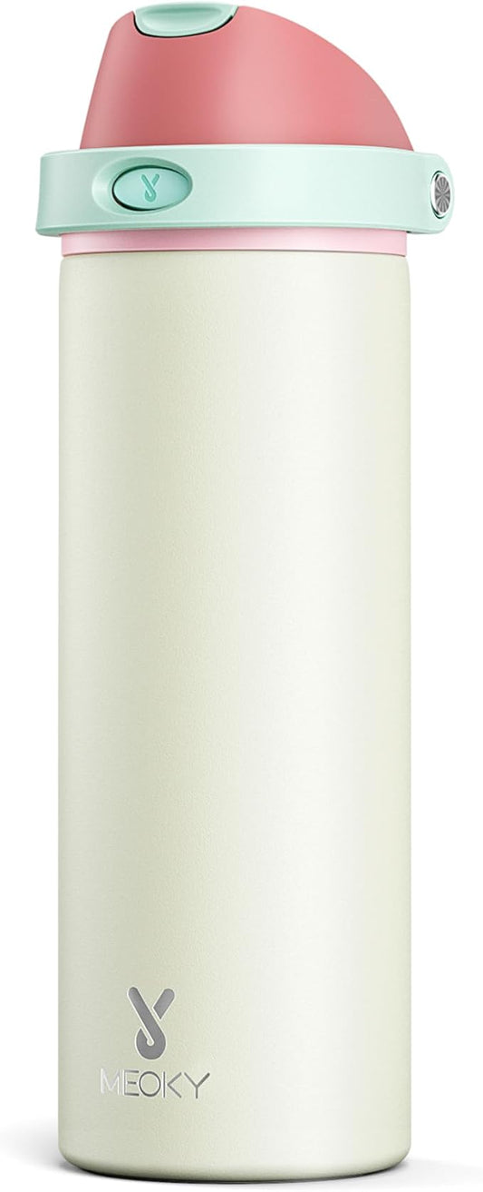 24 oz Insulated Water Bottle with Straw: Meoky Stainless Steel Metal Water Bottle with 2-in-1 Lid - Leak Proof, Cold for 24 Hours, Fits in Car Cup Holder, BPA-Free for Travel Sports Gym, Cream