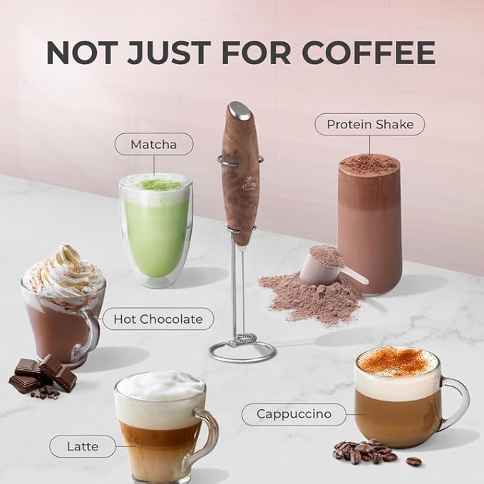 Zulay Powerful Milk Frother (4 Duracell Batteries Included) - Handheld Milk Frother Wand Drink Mixer for Coffee - Powerful Milk Foamer for Cappuccino, Frappe, Matcha & Coffee Creamer - Walnut