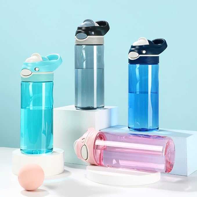 DEARART 2-Pack Pink & Sky Blue Water Bottles, 20oz Capacity Clear Bottles with Handle, 100% Leakproof Auto Spout No Straw, Suit Office Work Travel School Gym etc.