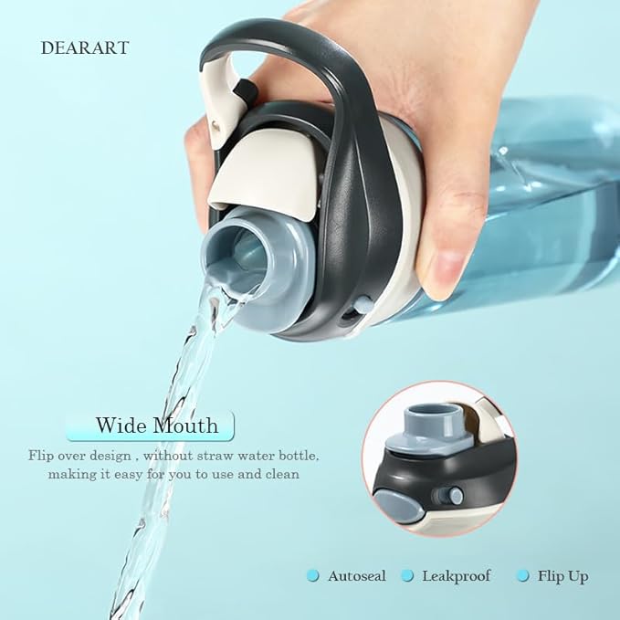 DEARART 20oz Grey Water Bottle Small Clear Bottles, 100% Leakproof Wide Mouth Easy Clean, No Straw Has Handle Carry Easily, Suit Sports School Office Yoga Gym Home etc.
