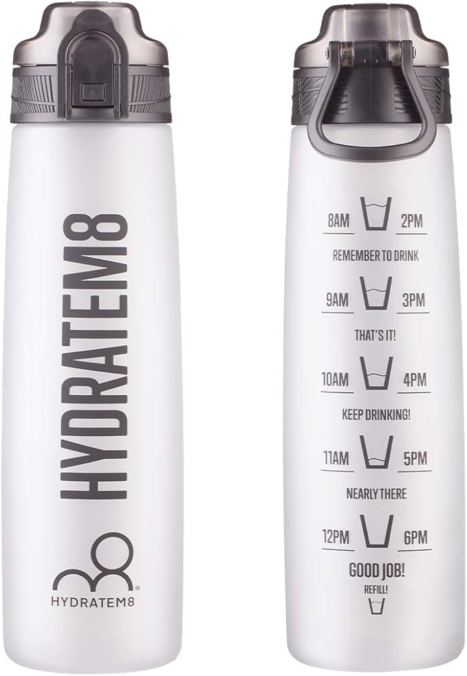 HYDRATEM8 - Active Motivational Sports Water Bottle with Time Markings, BPA Free, Drinks Bottle, 32oz - Frosted