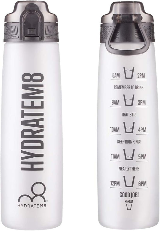 HYDRATEM8 - Active Motivational Sports Water Bottle with Time Markings, BPA Free, Drinks Bottle, 32oz - Frosted