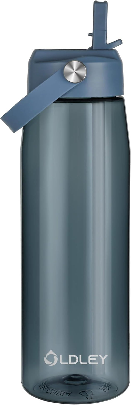 OLDLEY 32 oz Water Bottle with Straw, Leakproof Sports Water Bottle with Carry Strap, BPA-Free Large Water Bottles for Home,Travel, School, Outdoors, Gym, Tritan, Ink Blue