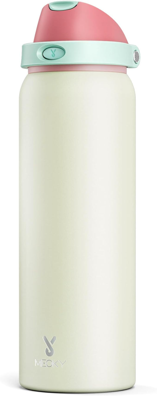 40 oz Insulated Water Bottle with Straw: Meoky Stainless Steel Metal Water Bottle with 2-in-1 Lid - Leak Proof, Cold for 24 Hours, Protective Silicone Base, BPA-Free for Sports Gym, Cream