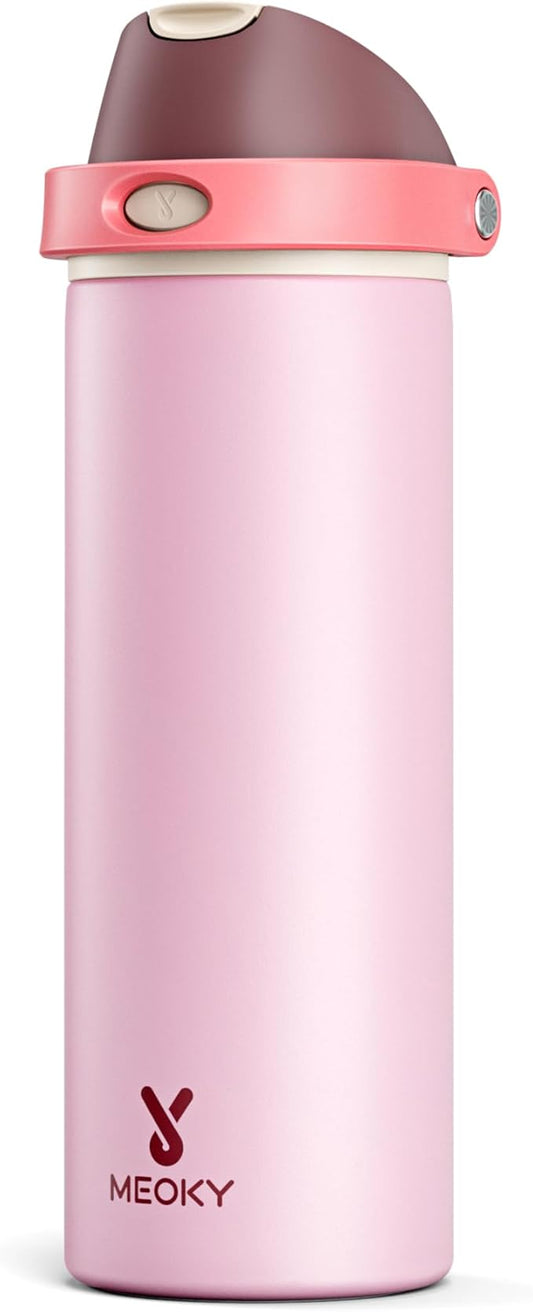 24 oz Insulated Water Bottle for Sports: Meoky Stainless Steel Water Bottle with Straw and Spout Lid - Leak Proof, Cold for 24 Hours, Fits in Car Cup Holder, BPA-Free for Women Travel, Angel Food Cake