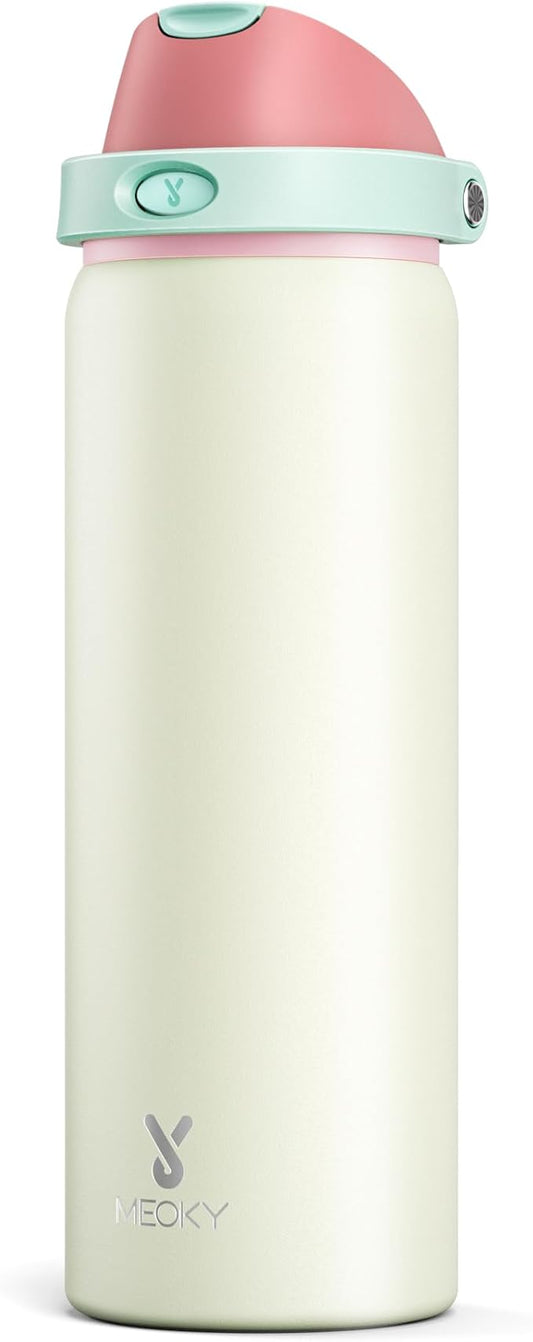 32 oz Insulated Water Bottle with Straw: Meoky Stainless Steel Metal Water Bottle with 2-in-1 Lid - Leak Proof, Cold for 24 Hours, Protective Silicone Base, BPA-Free for Sports Gym, Cream
