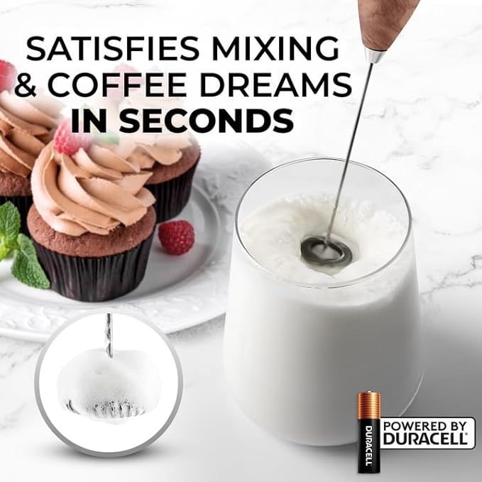 Zulay Powerful Milk Frother (4 Duracell Batteries Included) - Handheld Milk Frother Wand Drink Mixer for Coffee - Powerful Milk Foamer for Cappuccino, Frappe, Matcha & Coffee Creamer - Walnut