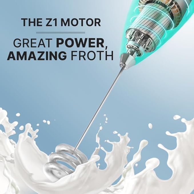 Zulay Kitchen Tornado Milk Frother Handheld Wand – Electric Coffee Frother with Triple Whisk & Stand – Hand Held Drink Mixer for Latte, Cappuccino, Matcha, Hot Chocolate, Protein Shakes – Aqua