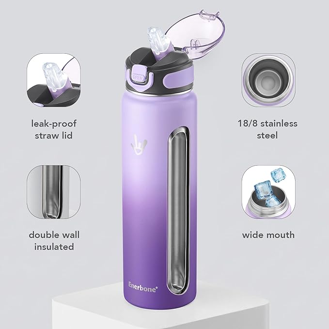 Enerbone 32 oz Insulated Water Bottle, 32oz 2 Lids (with Straw/No Straw), Stainless Steel Double Wall Flask for Hot & Cold Drinks, Leakproof Travel Bottle for Gym, Office, Hiking