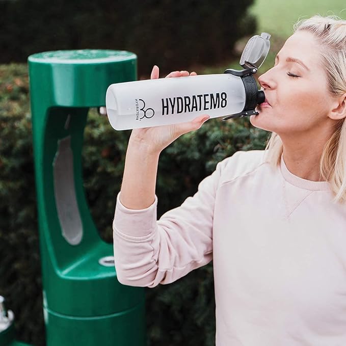 HYDRATEM8 - Active Motivational Sports Water Bottle with Time Markings, BPA Free, Drinks Bottle, 32oz - Frosted