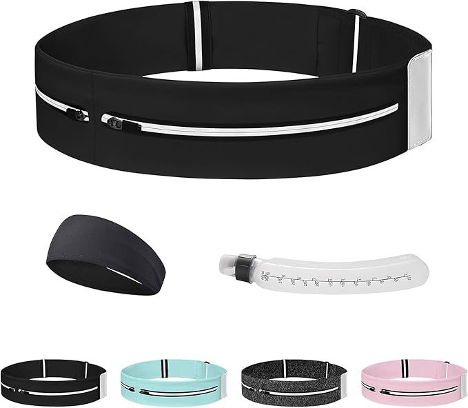 Running Belt for Women and Men, Adjustable Fanny Packs No Bounce Phone Holder for Running with Water Bottle & Headband, Waterproof Reflective Waist Packs, Fits All Phones (M-Black)