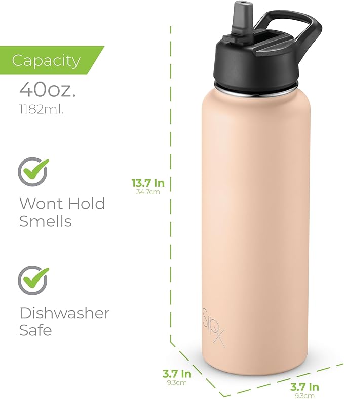 SIPX™ 40 oz Insulated Water Bottle with 3 Lids – Leakproof Stainless Steel, Triple Insulated – Cold 24 Hours/Hot 12 Hours – Durable Bottle for School, Gym, Travel – Pink