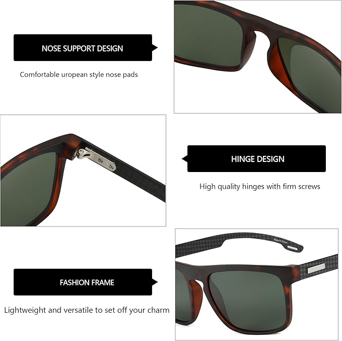 ZENOTTIC Polarized Sunglasses Men Square: Unbreakable TR90 Frame Carbon Fiber Temple UV400 Protection Sun Glasses for Driving