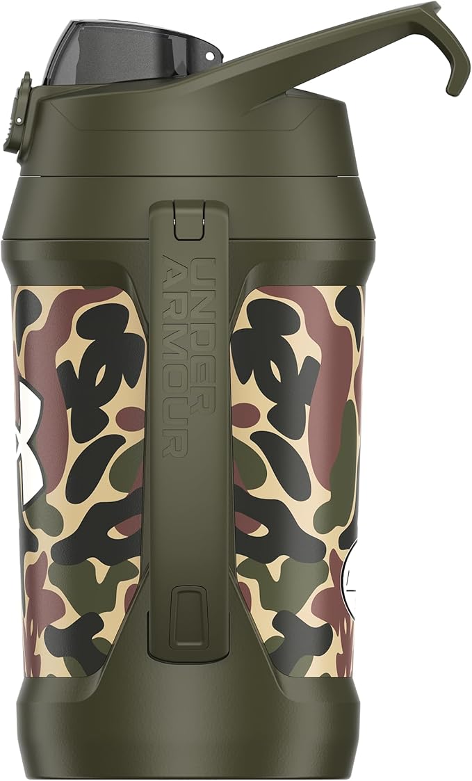 Under Armour Half Gallon Water Bottle Insulated, 64oz Insulated Water Bottle with Handle, Fence Hook, Leak Resistant, for Baseball, Football & More, Green Hyper Camo