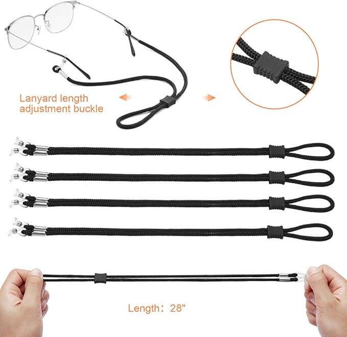 4PCS Premium Nylon Eyeglass Straps, Adjustable Eyewear Retainers, Anti-slip Eyeglass Chains Lanyard, Sport Sunglass Retainer Holder Strap for Men and Women's, with 2 Pairs Eyeglass Ear Grips