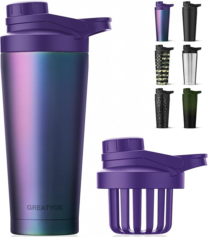 Stainless Steel Shaker Bottle with Noise-Free Design - Patented 24 oz Insulated Metal Shakers Bottles Cup for Protein Mixes and Pre Workout 100% Leak Proof (Aurora)