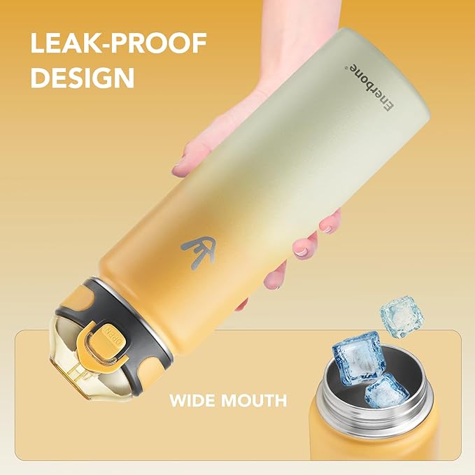 Enerbone 24 oz Insulated Water Bottle, Stainless Steel Bottle with Carrying Strap, Double-Wall Vacuum Insulation Design, Leakproof Sports Bottle with Straw, Keep Drinks Cold or Hot for Hours