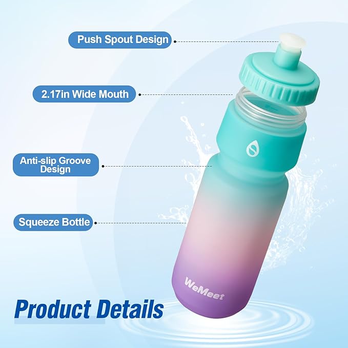 Lightweight Bike Water Bottle 24oz, BPA Free, Cycling Squeeze Bottle, Leak Proof Sport Water Bottle with Capacity Scale, for Cycling, Gym (Black & Green Pink Purple, 2 Pack)