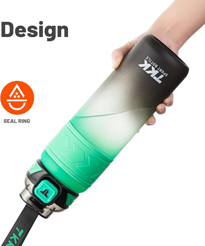 TKK Sports Water Bottles with Removable Straw 34 oz Leak-proof Flip Top Lid BPA Free Tritan Bottles with Strap for School, Fitness, Gym, Outdoor, Green-Black