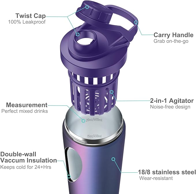 Stainless Steel Shaker Bottle with Noise-Free Design - Patented 24 oz Insulated Metal Shakers Bottles Cup for Protein Mixes and Pre Workout 100% Leak Proof (Aurora)