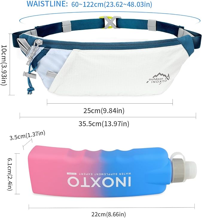 INOXTO Slim Running Belt Fanny Pack for Women and Men Sports Waist Bag Pack with 300ml Water Bottle for Running Walking Cycling Hiking Reflective Running Pouch Belt for All Phones (Black) (White Blue)