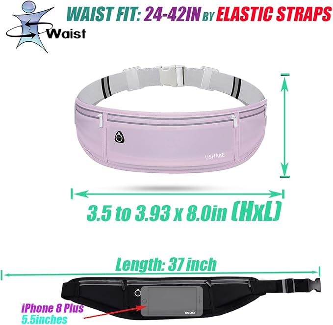 USHAKE Slim Running Belt, Workout Fanny Pack for Men Women,Exercise Waist Pack for Apple iPhone Holder, Runner Belt for Running Walking Cycling Camping Gym Light Purple
