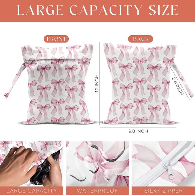 4 Pack Cute Pink Blue Bow Watercolor Bow Wet Bag Waterproof Reusable Wet Dry Bag for Swimsuit Dirty Clothes Diaper Beach Pool Party Camping Gift for Women Mommy Christmas Wedding Bachelorette Party