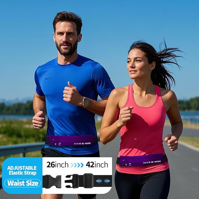 USHAKE Slim Running Belt for Women Men-Runners Phone Holder Fanny Pack, Adjustable, Bounce Free Waist Pouch bag for Workout, Money Belt, Run Gear Accessories Purple