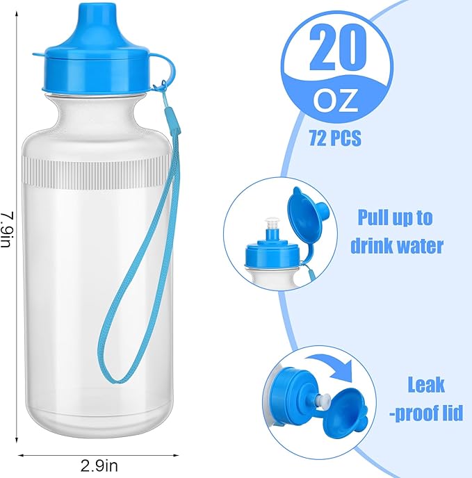 72 Pcs Reusable Water Bottles Bulk 20 oz Squeeze Plastic Sports Water Bottles with Nylon Strap Leak Proof Blank DIY Cups for Travel Hiking Cycling Sport Event Team Gifts