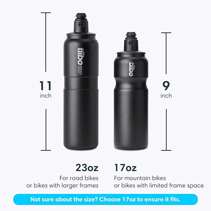 tiibo Vacuum Insulated Stainless Steel Bike Water Bottle, Double Wall, No-Squeeze, Fast Flow Sport Nozzle, Designed for Cycling, Biking, Fitness & Sports, Fits Most Bike Cages (Black, 17OZ)
