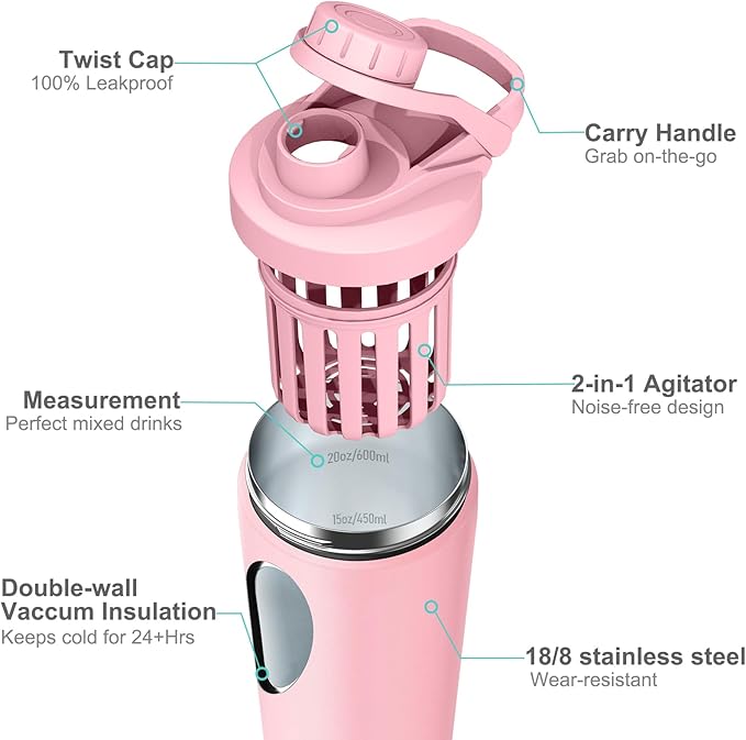 Stainless Steel Shaker Bottle with Noise-Free Design - Patented 24 oz Insulated Metal Shakers Bottles Cup for Protein Mixes and Pre Workout 100% Leak Proof (Pink)