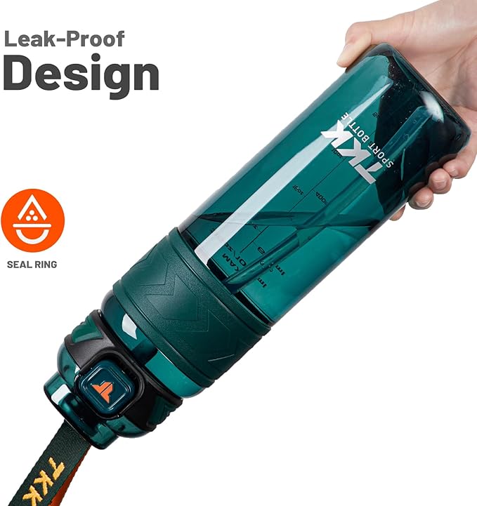 TKK Sports Water Bottles with Removable Straw 34 oz Leak-proof Flip Top Lid BPA Free Tritan Bottles with Strap for School, Fitness, Gym, Outdoor, Green