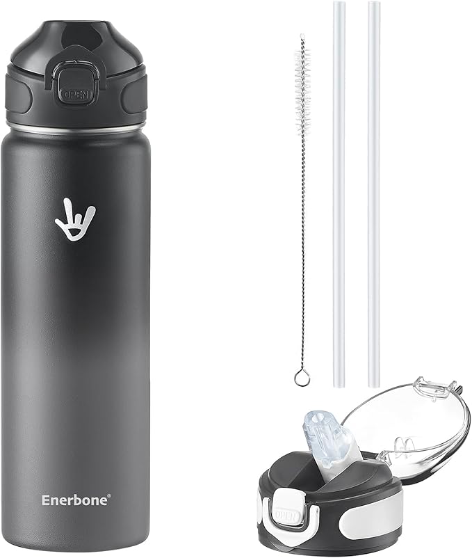 Enerbone 24 oz Insulated Water Bottle, Stainless Steel Bottle with Carrying Strap, Double-Wall Vacuum Insulation Design, Leakproof Sports Bottle with Straw, Keep Drinks Cold or Hot for Hours