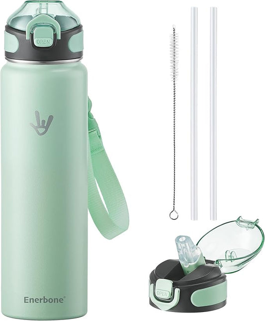 Enerbone 32 oz Insulated Water Bottle, Stainless Steel Bottle with Carrying Strap, Double-Wall Vacuum Insulation Design, Leakproof Sports Bottle with Straw, Keep Drinks Cold or Hot for Hours