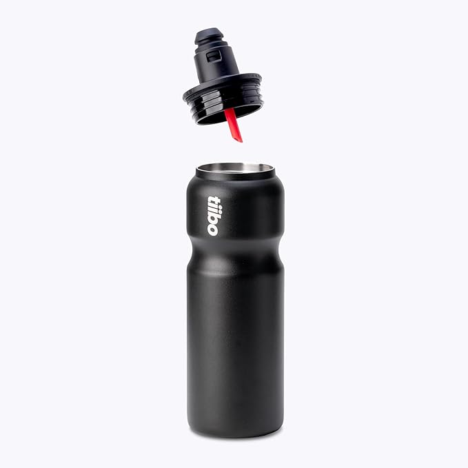tiibo Vacuum Insulated Stainless Steel Bike Water Bottle, Double Wall, No-Squeeze, Fast Flow Sport Nozzle, Designed for Cycling, Biking, Fitness & Sports, Fits Most Bike Cages (Black, 17OZ)