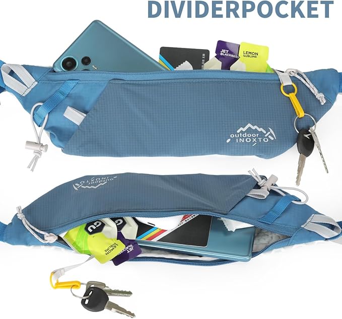 INOXTO Slim Running Belt Fanny Pack for Women and Men Sports Waist Bag Pack with 300ml Water Bottle for Running Walking Cycling Hiking Reflective Running Pouch Belt for All Phones (Black) (Dack Blue)