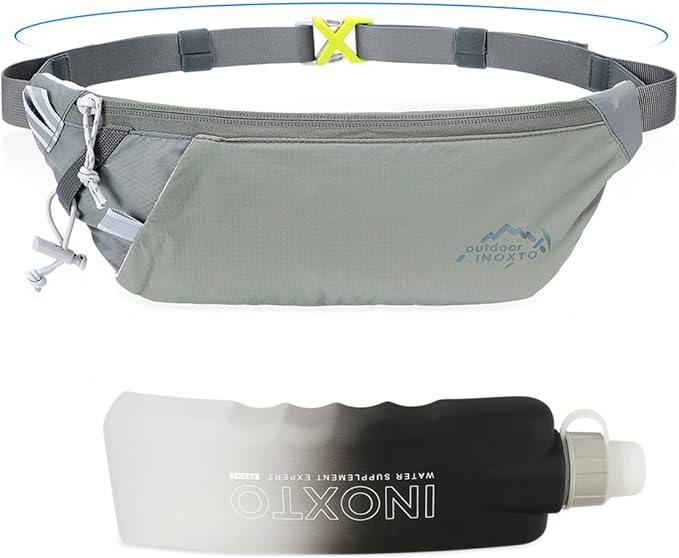 INOXTO Slim Running Belt Fanny Pack for Women and Men Sports Waist Bag Pack with 300ml Water Bottle for Running Walking Cycling Hiking Reflective Running Pouch Belt for All Phones (Black) (Gray)